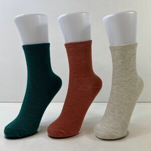 Womens Crew Socks Set 3 Solid Ribbed Textured Green Rust Orange Cream